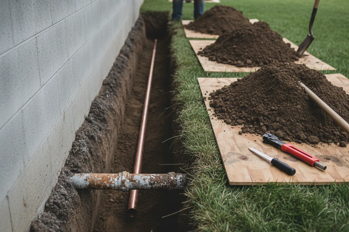 Excavated water line trench during Sewer Line Repair in Nocona